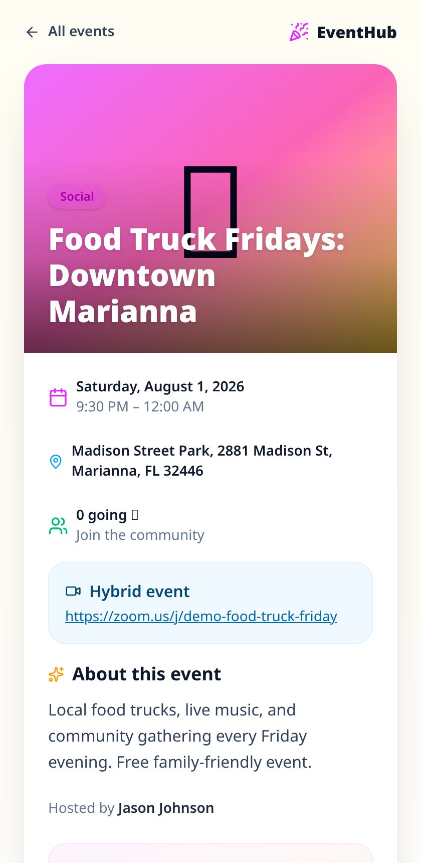 Event page on mobile